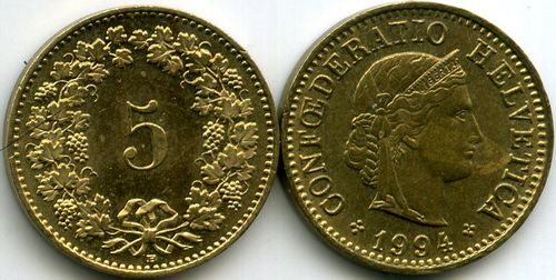 Монета 5 раппен 1994г Швейцария