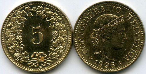 Монета 5 раппен 1996г Швейцария