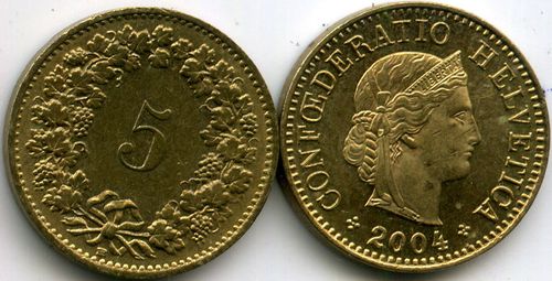 Монета 5 раппен 2004г Швейцария
