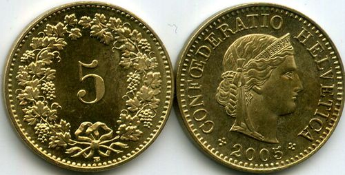 Монета 5 раппен 2005г Швейцария