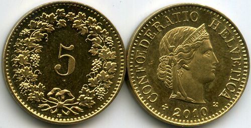 Монета 5 раппен 2010г Швейцария