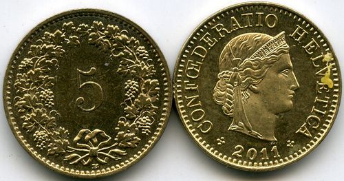Монета 5 раппен 2011г Швейцария