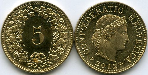 Монета 5 раппен 2012г Швейцария