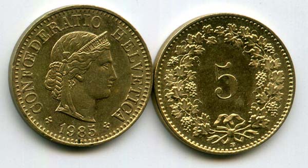 Монета 5 раппен 1985г Швейцария