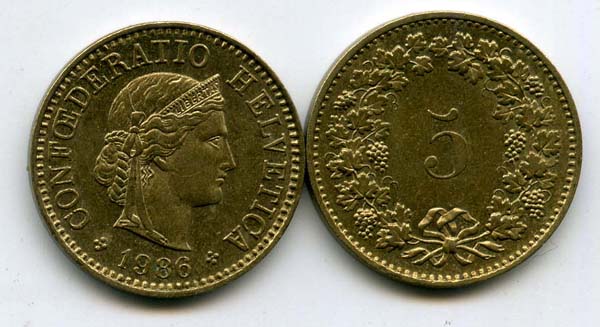 Монета 5 раппен 1986г Швейцария