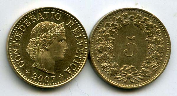 Монета 5 раппен 2007г Швейцария