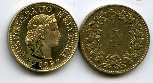 Монета 5 раппен 2009г Швейцария