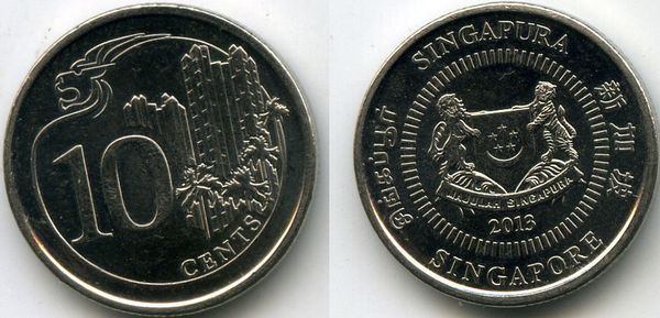Монета 10 центов 2013г Сингапур