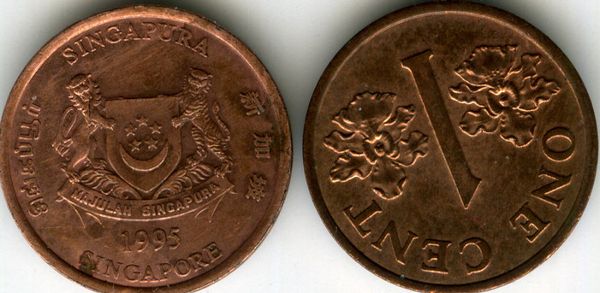 Монета 1 цент 1995г Сингапур