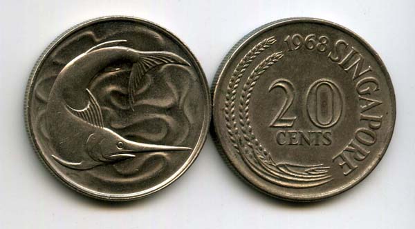 Монета 20 центов 1968г Сингапур