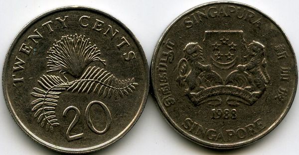 Монета 20 центов 1988г Сингапур