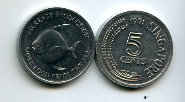 Монета 5 центов 1971г фао Сингапур