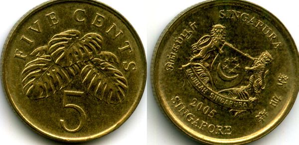 Монета 5 центов 2005г Сингапур