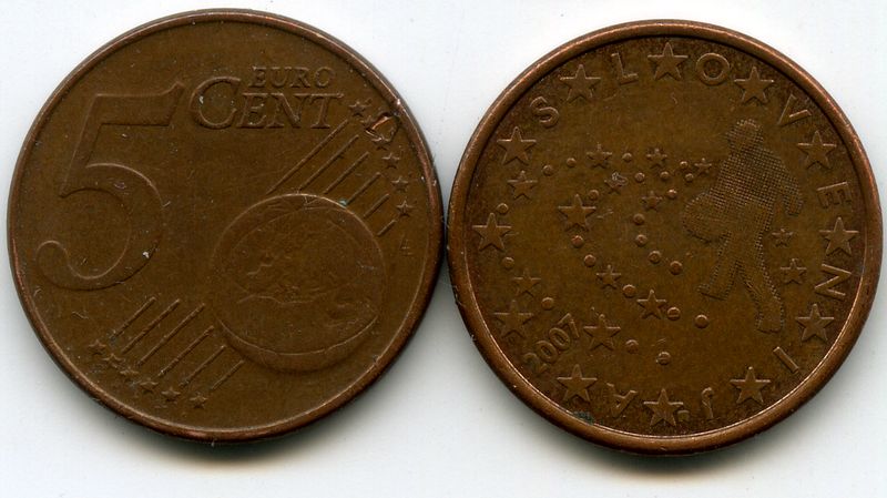 Монета 5 евроцентов 2007г Словения