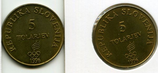 Монета 5 толаров 1996г 100 лет олимпиаде Словения