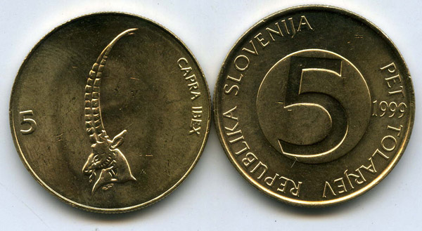 Монета 5 толаров 1999г Словения