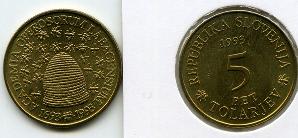 Монета 5 толаров 1993г 300 лет академии Словения