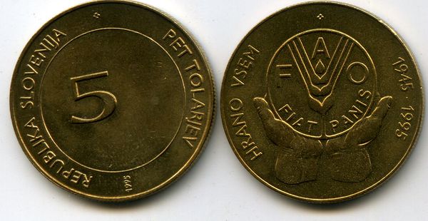 Монета 5 толаров 1995г фао Словения