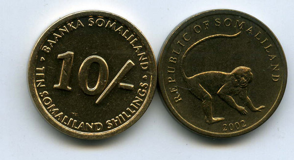 Монета 10 шиллингов 2002г обезьяна Сомалиленд