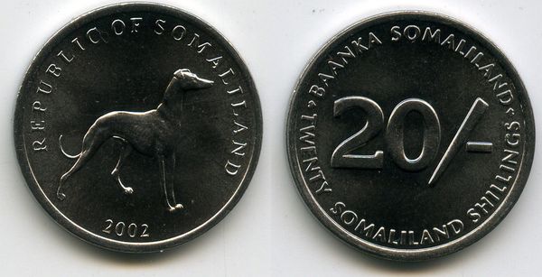 Монета 20 шиллингов 2002г собака Сомалиленд