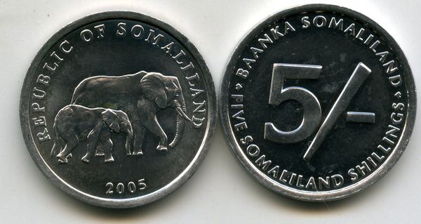 Монета 5 шиллингов 2005г слоны Сомалиленд