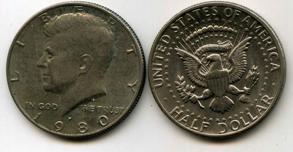 Монета 0,5 доллар 1980г Р орёл США