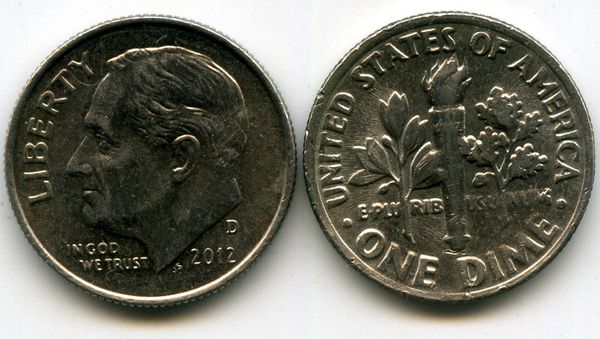 Монета 10 центов 2012г Д США