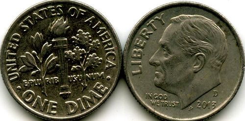 Монета 10 центов 2013г Д США
