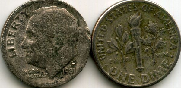 Монета 10 центов 1981г Р США