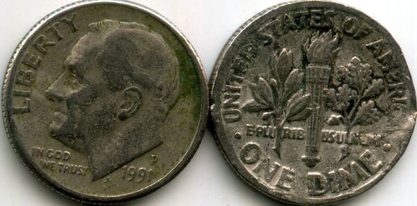 Монета 10 центов 1991г Р США