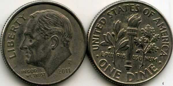 Монета 10 центов 2011г Р США