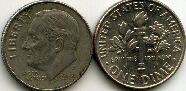 Монета 10 центов 2014г Р США