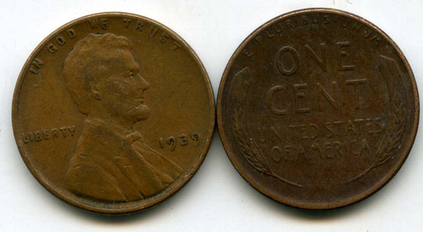 Монета 1 цент 1939г БЗМД США
