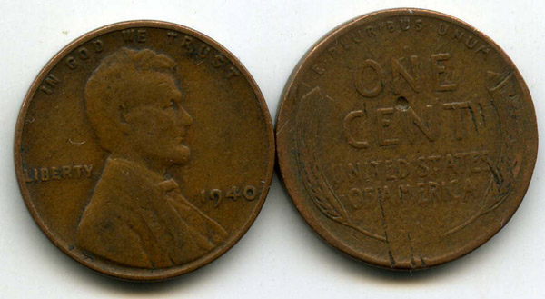 Монета 1 цент 1940г БЗМД США