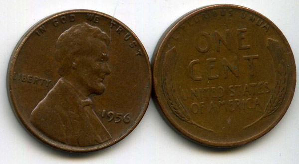 Монета 1 цент 1956г БЗМД США