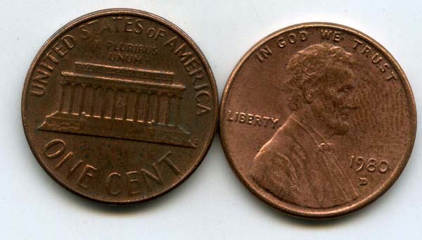 Монета 1 цент 1980г Д США