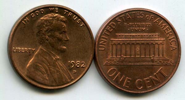 Монета 1 цент 1982г Д США