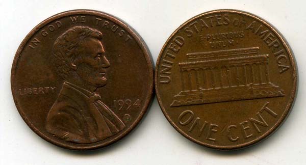 Монета 1 цент 1994г Д США