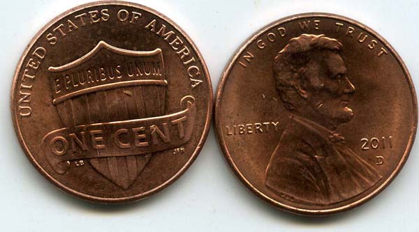 Монета 1 цент 2011г Д США