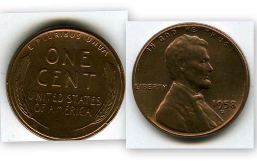 Монета 1 цент 1958г D США