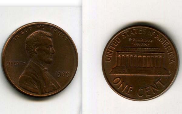 Монета 1 цент 1989г БЗМД США