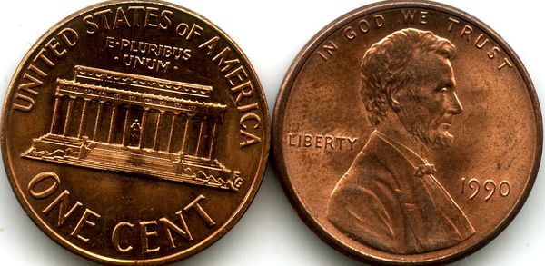 Монета 1 цент 1990г БЗМД США