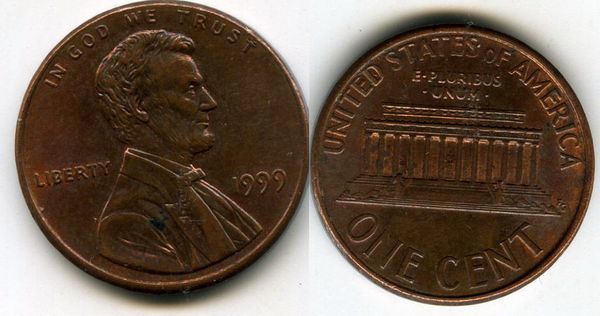 Монета 1 цент 1999г БЗМД США