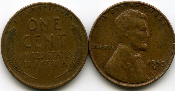 Монета 1 цент 1955г D США