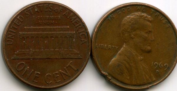 Монета 1 цент 1969г D США