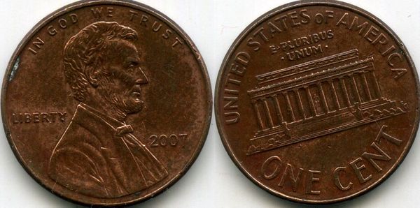 Монета 1 цент 2007г США