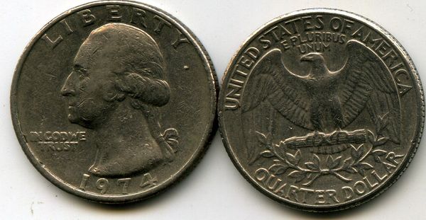 Монета 25 цент 1974г США