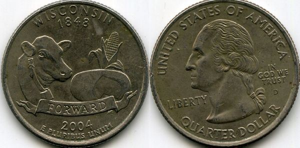 Монета 25 цент 2004г Д Висконсин США