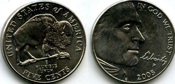 Монета 5 центов 2005г Р бизон США