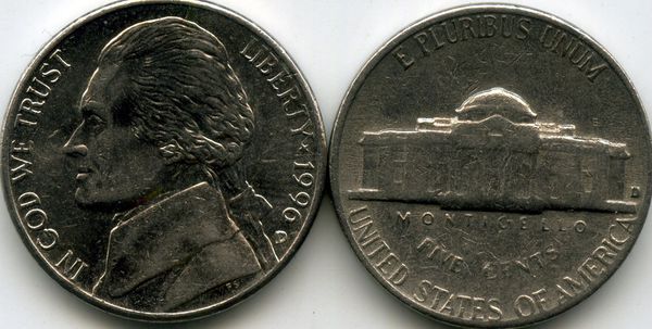 Монета 5 центов 1996г Д США